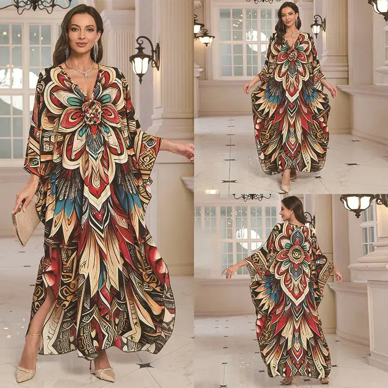 Cotton Printed Vacation Beach Long Dress for Women, Loose Long Dress, Bikini Cover-Up, Sun Protection Clothing My Store