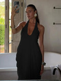 Backless Halter Mesh Maxi Dress With Pleated Skirt My Store