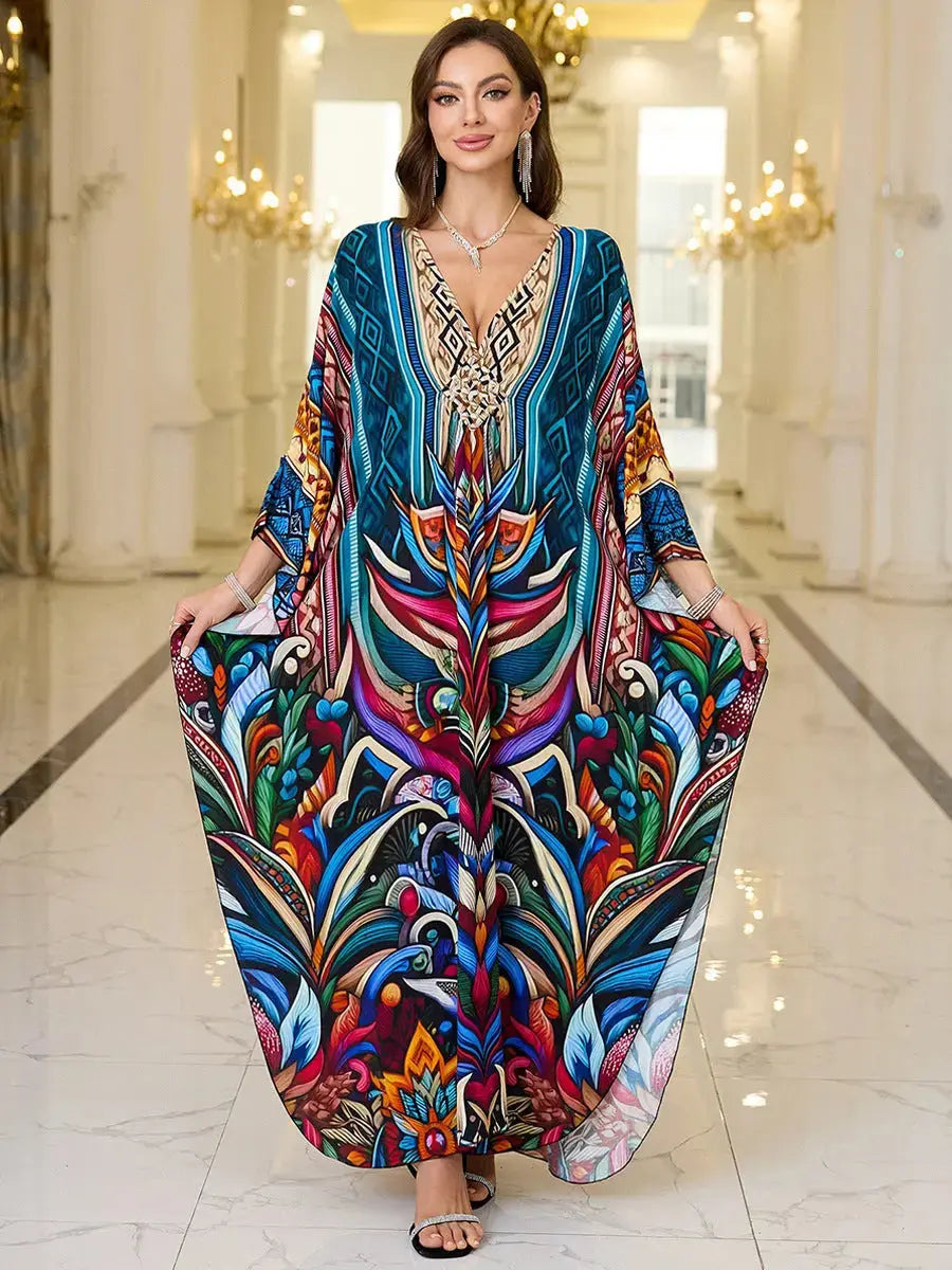 Cotton Printed Vacation Beach Long Dress for Women, Loose Long Dress, Bikini Cover-Up, Sun Protection Clothing My Store