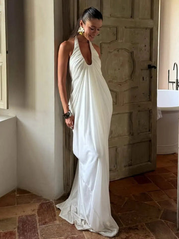 Backless Halter Mesh Maxi Dress With Pleated Skirt My Store