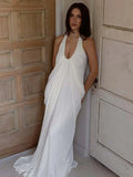 Backless Halter Mesh Maxi Dress With Pleated Skirt My Store