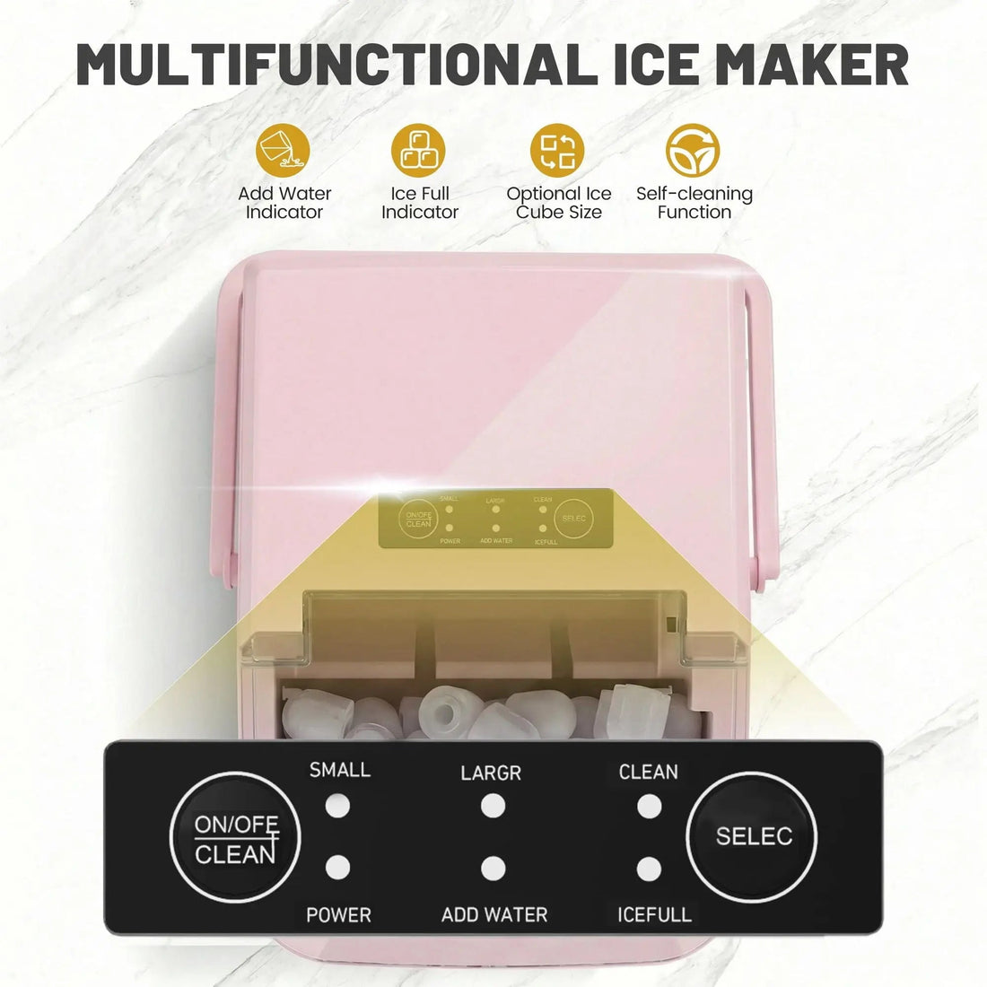 Countertop Ice Maker, Self-Cleaning Portable Ice Maker Machine with Handle and Ice Scoop 9Pcs/6Min 26.5Lbs/24H Pink Doba