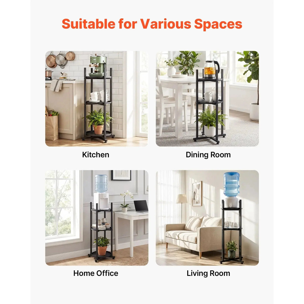 Water Dispenser Stand, 2 Tiers Water Jug Holder for 1 Bottle, Heavy Duty Jug Rack Organizer with Detachable Storage Shelf, Cross-Shaped Stable Base, for Kitchen, Office, Living Room, Black Doba