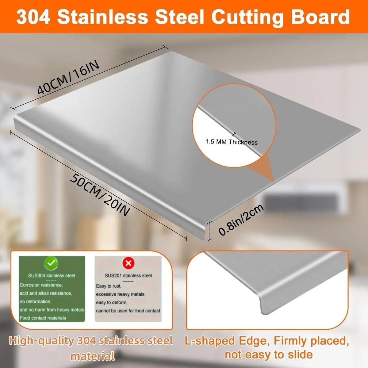 XXL 304 Stainless Steel Cutting Board  Anti-Slip & Mildew-Proof! No More Moldy Wooden Boards | Heavy-Duty & Food-Safe, Easy to Clean – Chop Meat, Knead Dough, Bake Prep All-in-One | Must-Have for Home Doba
