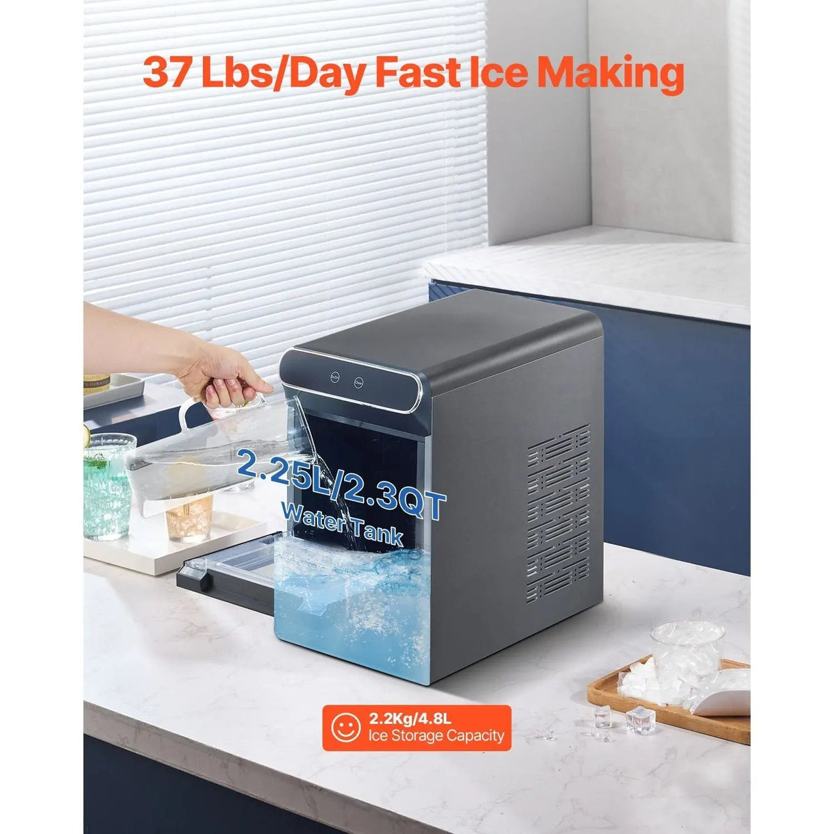 Nugget Ice Maker, 37lbs/24H Pebble Ice Maker with Self Cleaning, Chewable Ice Maker with Ice Scoop and Basket, Stainless Steel Ice Machine with Convenient Ice Transfer for Home Kitchen Office Doba