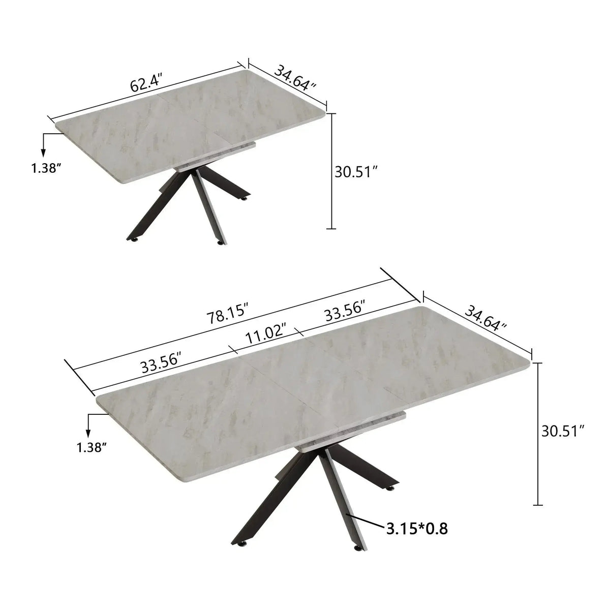 62.4" extendable 78.15" dining Table Set for 6-8 Person for Dining Room,C-shaped Tube Soft padded armless dining chair and Very large Dining Room Table Kitchen Table Chair Set with metal Legs Doba