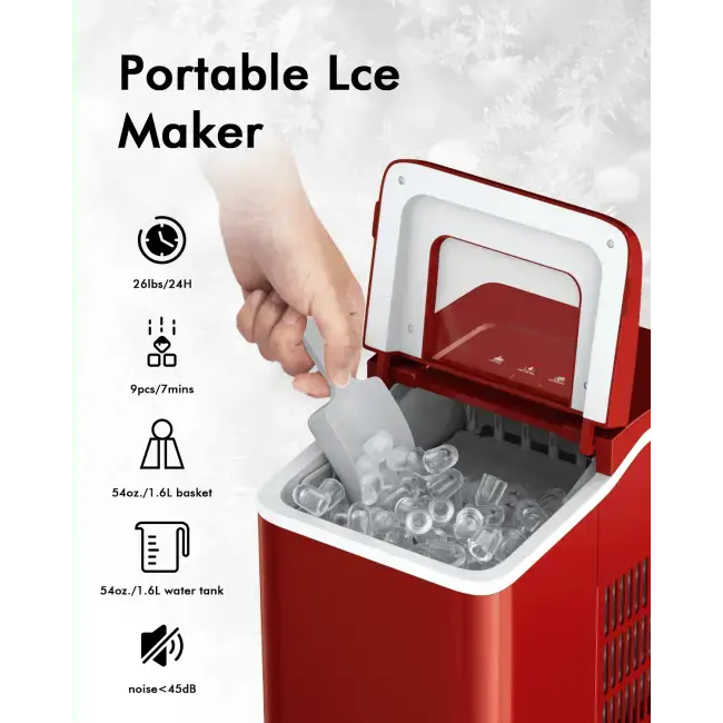 26lbs/24h Portable Countertop Ice Maker Machine with Scoop Doba