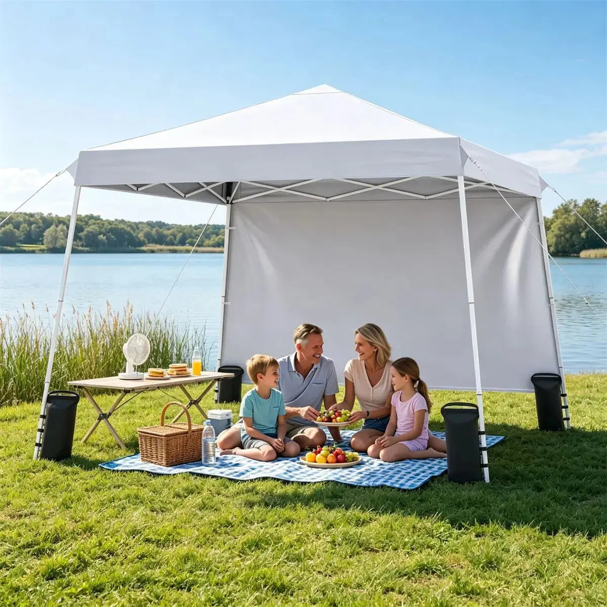 9ft x 9ft Pop Up Canopy Tent with Sidewall, UPF 50+ Silver Coated Waterproof Oxford Instant Shelter, 2-Level Adjustable Height Outdoor Canopy with Stakes Sandbags- White Doba