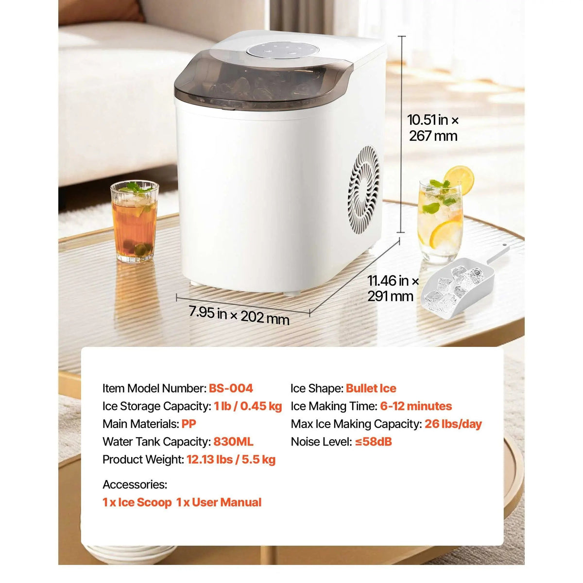 Countertop Ice Maker, 7 Cubes Ready in 6 Mins, 26 lbs per Day, Self-Cleaning Portable Machine with Ice Scoop, Ice-Making Machine with 2 Sizes Bullet Ices for Home, Kitchen, Office, Bar & Party Doba