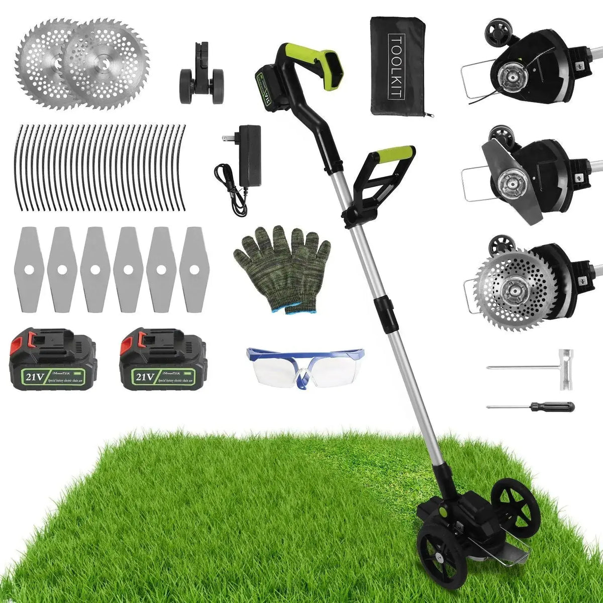 21V Electric Weed Edger Cordless String Trimmer Grass Mower Eater Bush Cutter with 16800RPM 2x 3000mAh Batteries 3.6-4.6FT Length 90° Rotatable Angle Saw Blade Steel Blade String Blade GPCT5290 Doba