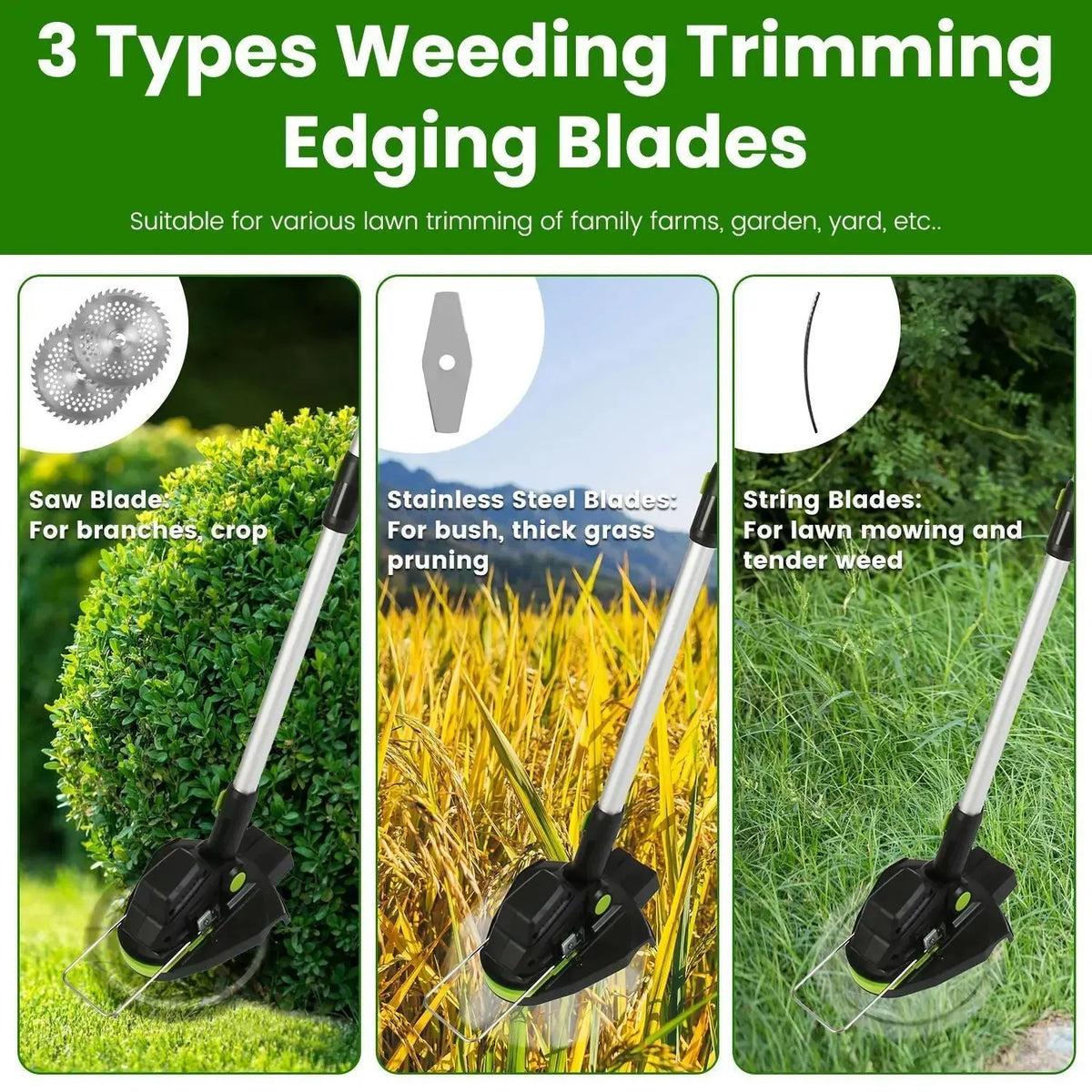 21V Electric Weed Edger Cordless String Trimmer Grass Mower Eater Bush Cutter with 16800RPM 2x 3000mAh Batteries 3.6-4.6FT Length 90° Rotatable Angle Saw Blade Steel Blade String Blade GPCT5290 Doba