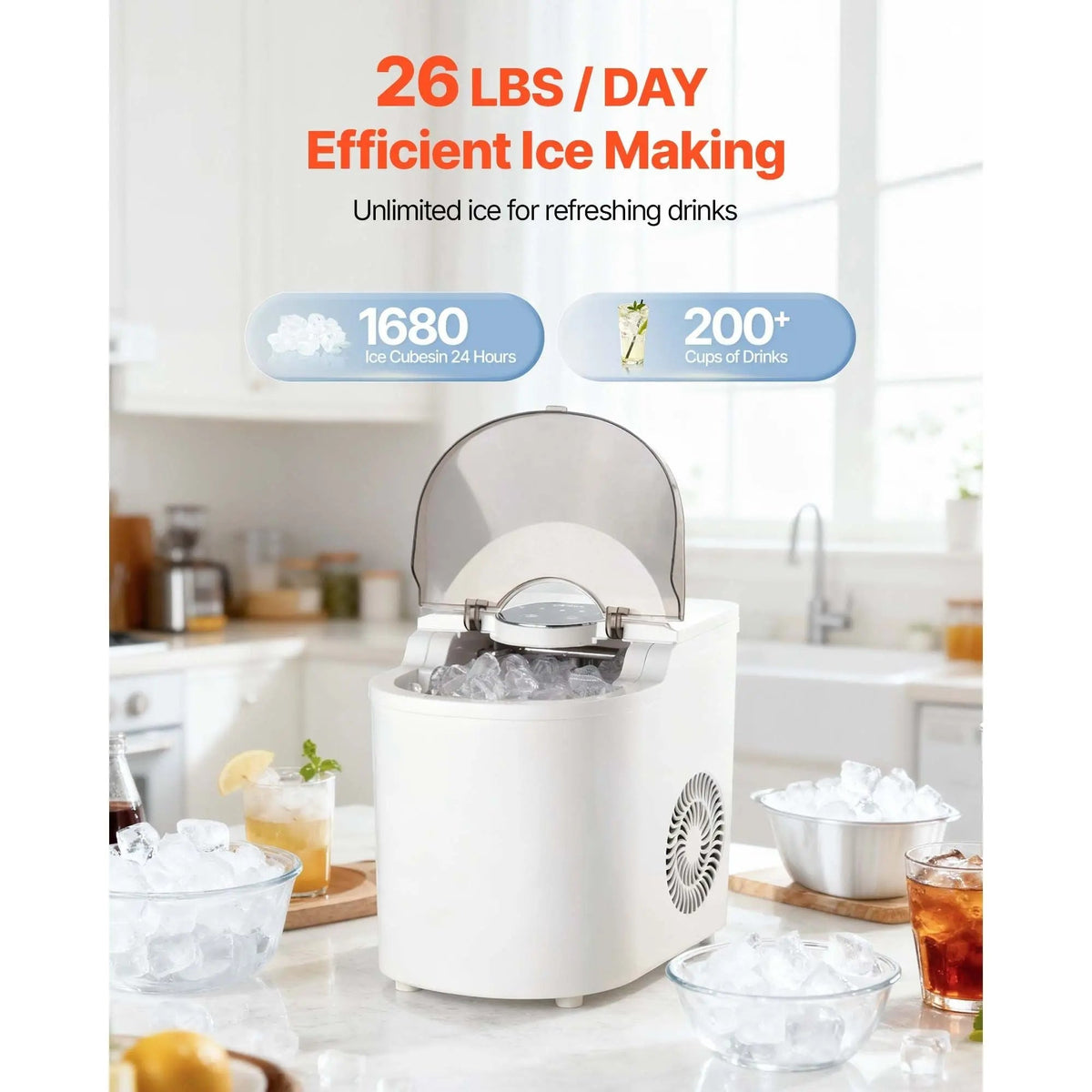 Countertop Ice Maker, 7 Cubes Ready in 6 Mins, 26 lbs per Day, Self-Cleaning Portable Machine with Ice Scoop, Ice-Making Machine with 2 Sizes Bullet Ices for Home, Kitchen, Office, Bar & Party Doba