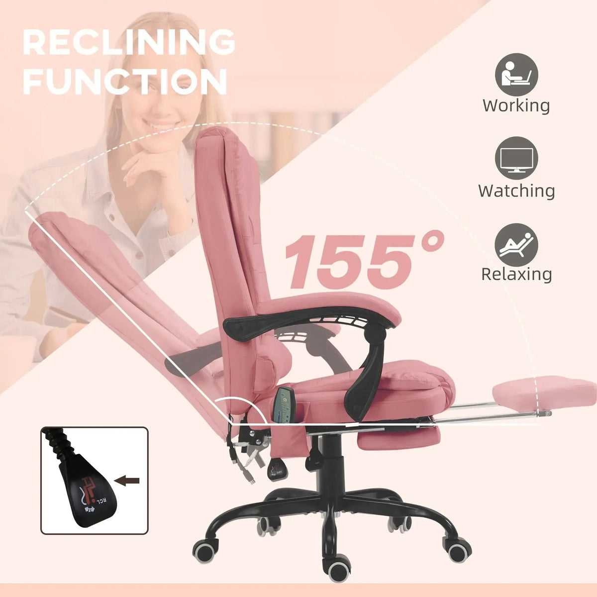 Pink Massage Office Chair High Back Executive Desk Chair with Vibration Massage Retractable Footrest 155 Degree Reclining Faux Leather Computer Chair for Home Office Doba