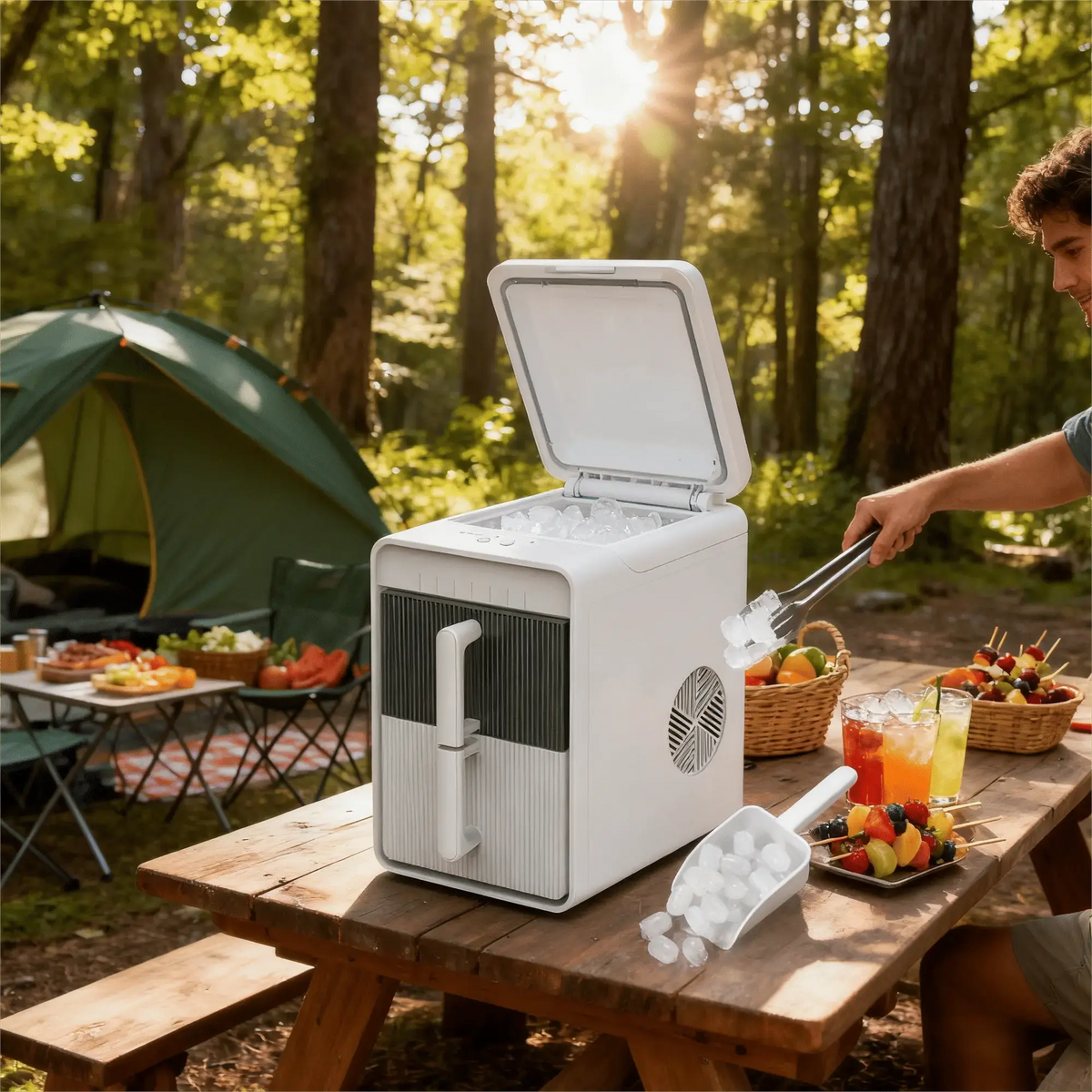 PSZBJ-K12   Automatic Ice Maker-Blue Storage Ice for Outdoor Camping. Features: 12kg/day capacity, PVC material (BPA-free), touch controls, quick ice-making, coffee ice cubes, car-friendly des Doba