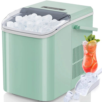 Countertop Ice Maker, Self-Cleaning Portable Ice Maker Machine with Handle and Ice Scoop, Bullet Ice Cubes, 9Pcs/6Min 26.5Lbs/24H for Home/Kitchen/Bar/Party, Green Doba