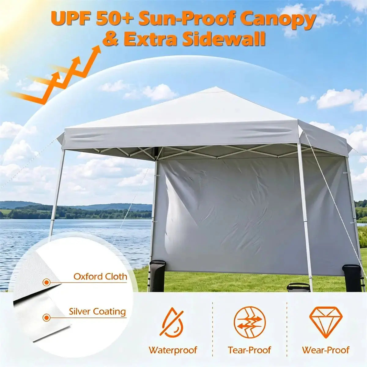 9ft x 9ft Pop Up Canopy Tent with Sidewall, UPF 50+ Silver Coated Waterproof Oxford Instant Shelter, 2-Level Adjustable Height Outdoor Canopy with Stakes Sandbags- White Doba