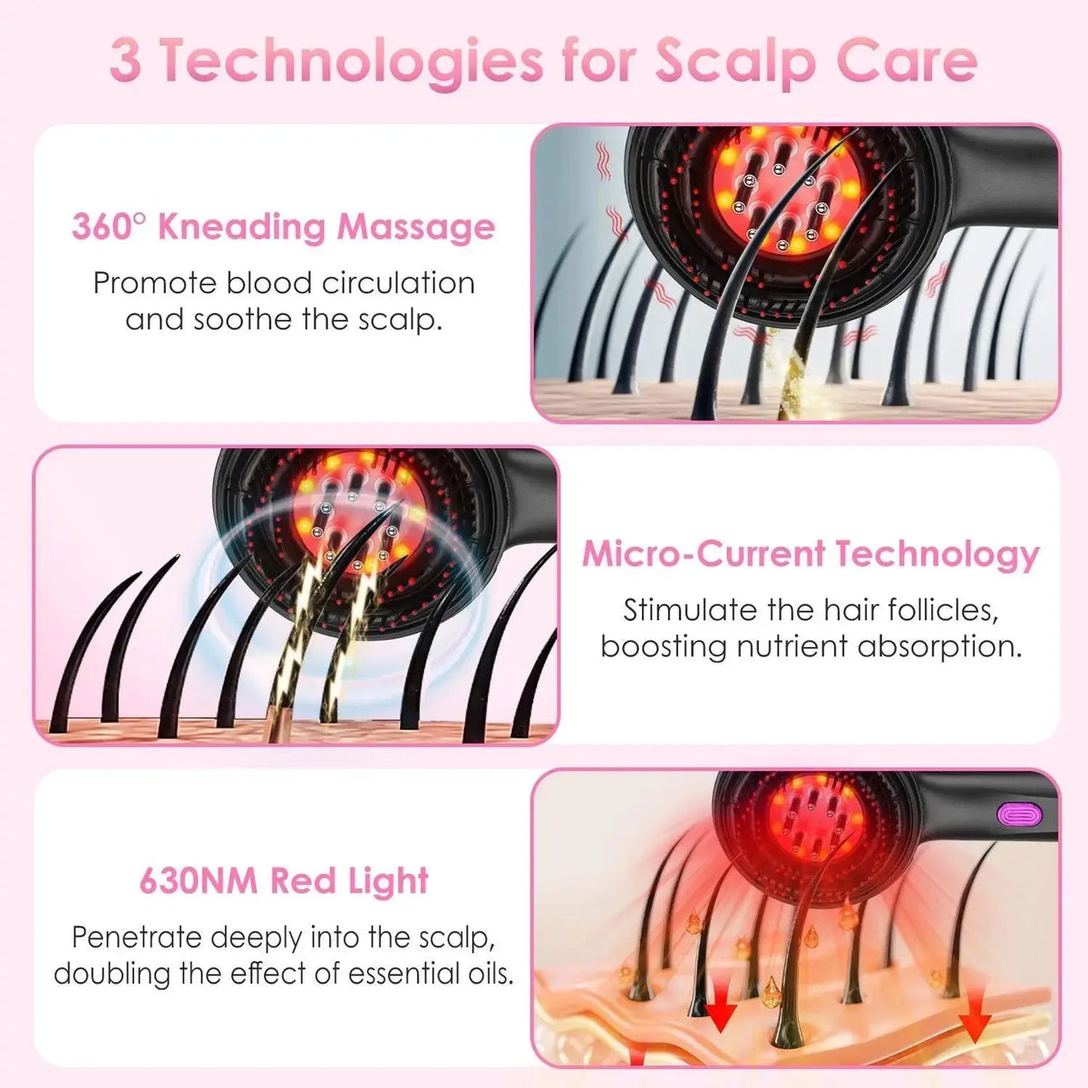 3 In 1 Red Light Scalp Massager Brush Cordless Hair Oil Applicator Massage Comb with 3 Modes Rechargeable IPX7 Waterproof Doba