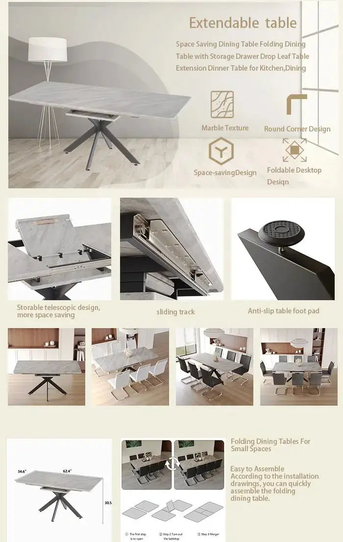 62.4" extendable 78.15" dining Table Set for 6-8 Person for Dining Room,C-shaped Tube Soft padded armless dining chair and Very large Dining Room Table Kitchen Table Chair Set with metal Legs Doba