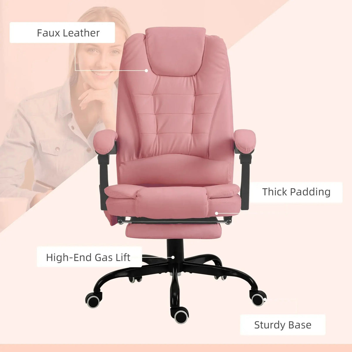 Pink Massage Office Chair High Back Executive Desk Chair with Vibration Massage Retractable Footrest 155 Degree Reclining Faux Leather Computer Chair for Home Office Doba