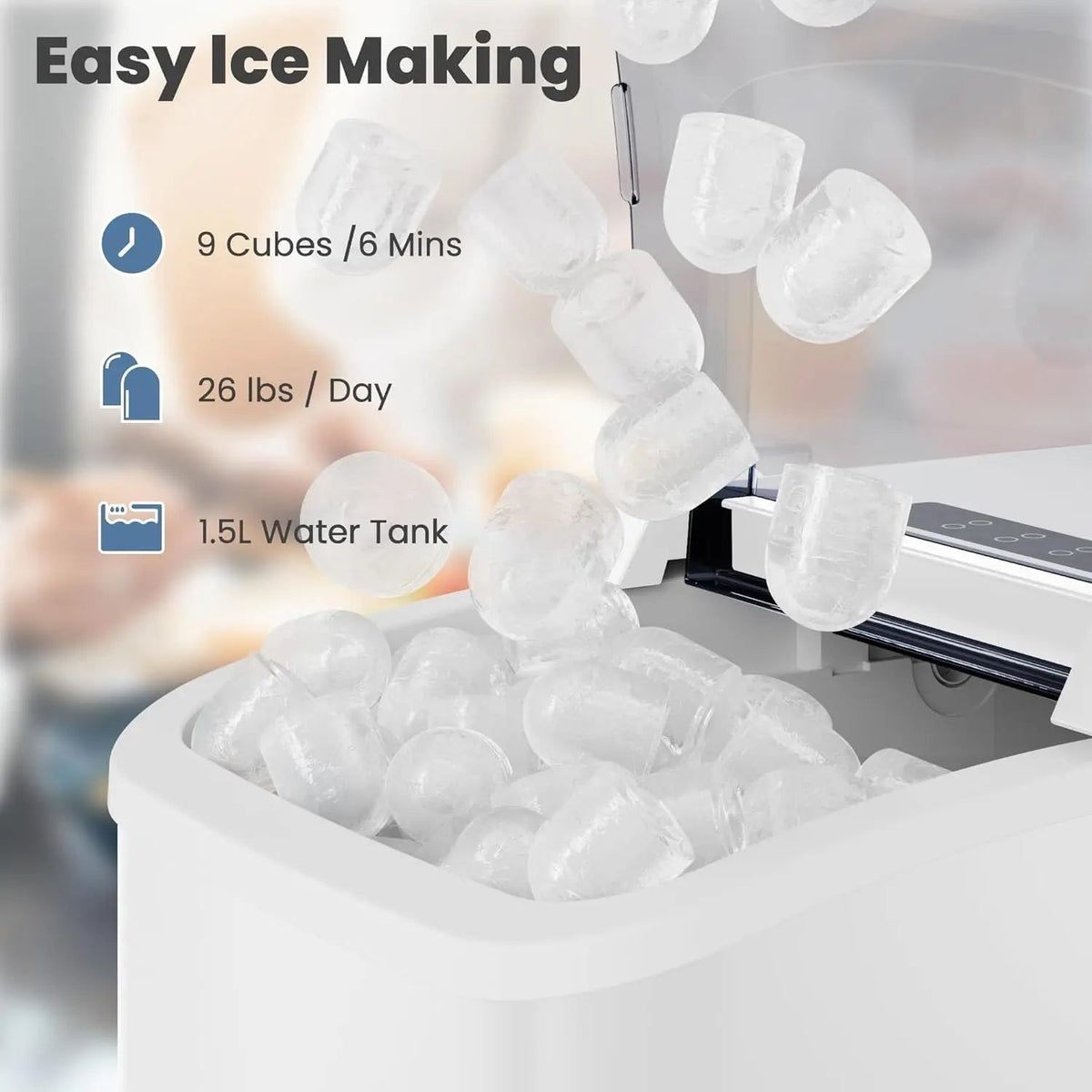 Countertop Ice Maker with Handle, 26lbs/24H Portable Ice Machine, 9 Bullet Ice Cubes Ready in 6 Mins, Self-Cleaning, Quiet Compact Ice Maker for Home, Kitchen, RV, Camping Doba