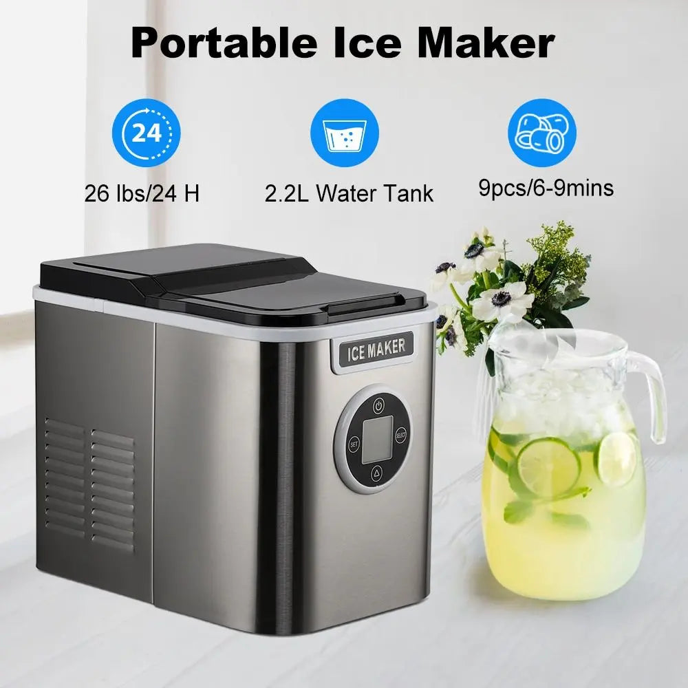 Countertop Ice Maker with 9 Bullet Ice in 7 Mins, Portable Ice Machine with Ice Scoop and Basket , 26.5lbs/24H, Self-Cleaning,Stainless,for Home Office Bar Party Doba