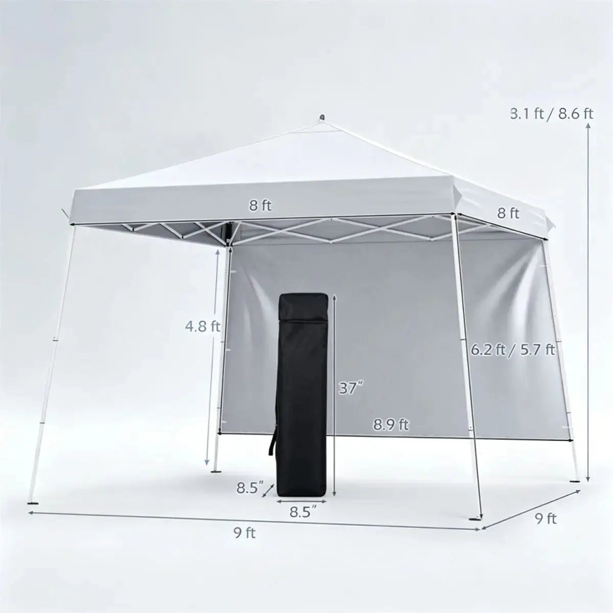 9ft x 9ft Pop Up Canopy Tent with Sidewall, UPF 50+ Silver Coated Waterproof Oxford Instant Shelter, 2-Level Adjustable Height Outdoor Canopy with Stakes Sandbags- White Doba