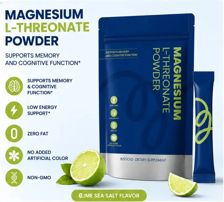 Magnesium L-Threonate Powder 15 Single Serve Sticks Dietary Supplement, Zero Fat Non-GMO No Artificial Color, Daily Nutrient to Help Support Memory & Cognitive Function & Gentle Energy Support Doba