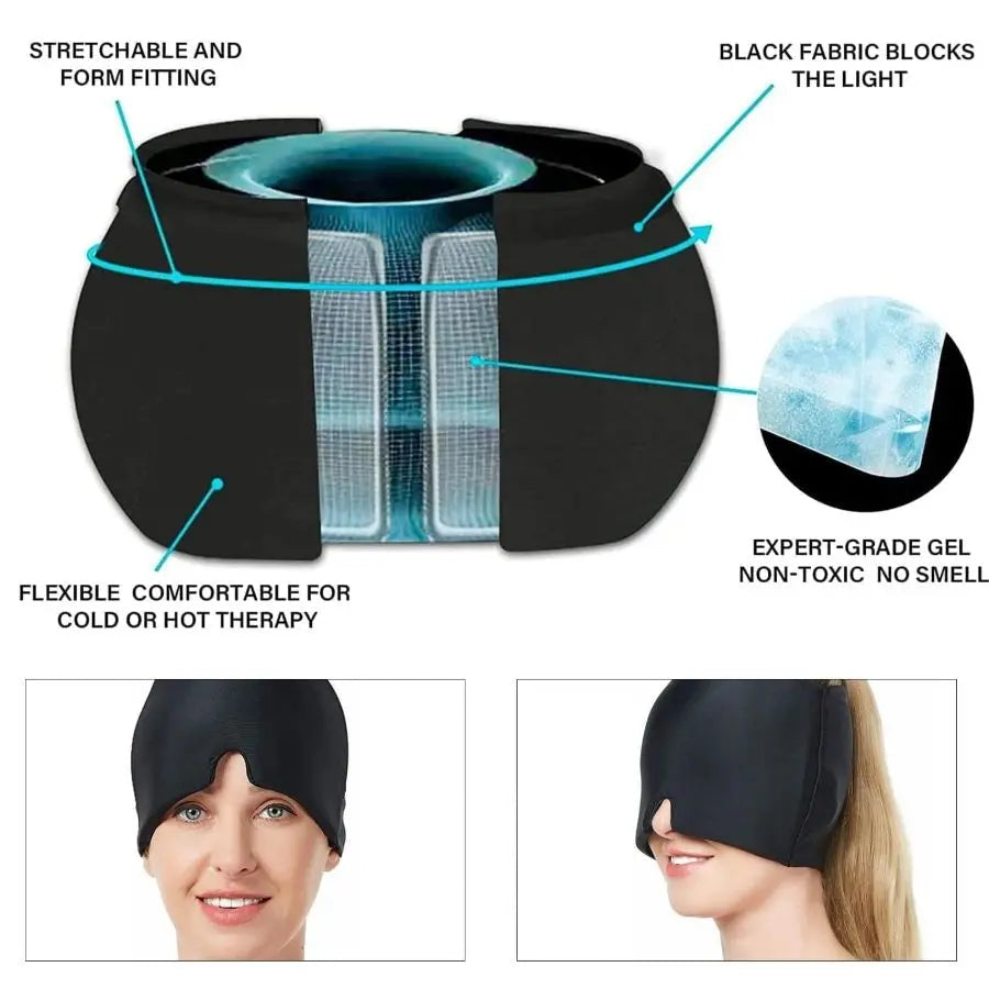 360° Massage Migraine Relief Hat Stress Relief Eye Mask Gel Hot Cold Therapy Headache Pain Relief Cap  Ice Head Wrap for Headache and Puffy Eyes Doba
