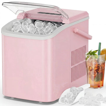 Countertop Ice Maker, Self-Cleaning Portable Ice Maker Machine with Handle and Ice Scoop 9Pcs/6Min 26.5Lbs/24H Pink Doba