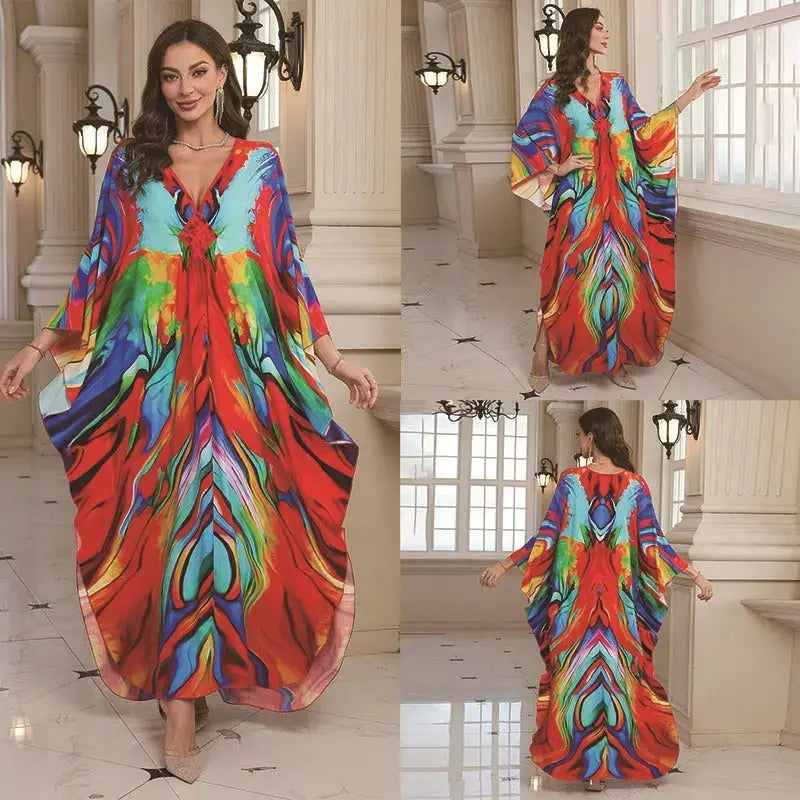 Cotton Printed Vacation Beach Long Dress for Women, Loose Long Dress, Bikini Cover-Up, Sun Protection Clothing My Store